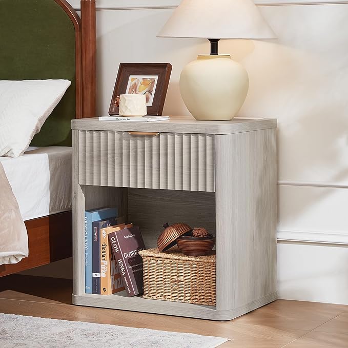 LEYAOYAO 23" Wide Fluted Night Stand with Charging Station, 1 Drawers Large End Table with Storage, LightGrey Nightstand Wood Bedside Tables, Farmhouse Cabinet Dresser for Bedroom, Closet