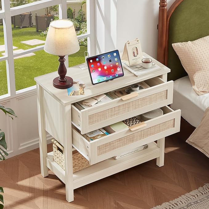 LEYAOYAO 31.5" Wide Rattan Night Stand with Charger Station, Oversized Large Boho Nightstand with 2 Drawer, Grey White Bed Side End Tables, Tall Bedside Table for Bedroom Living Room, Hallway