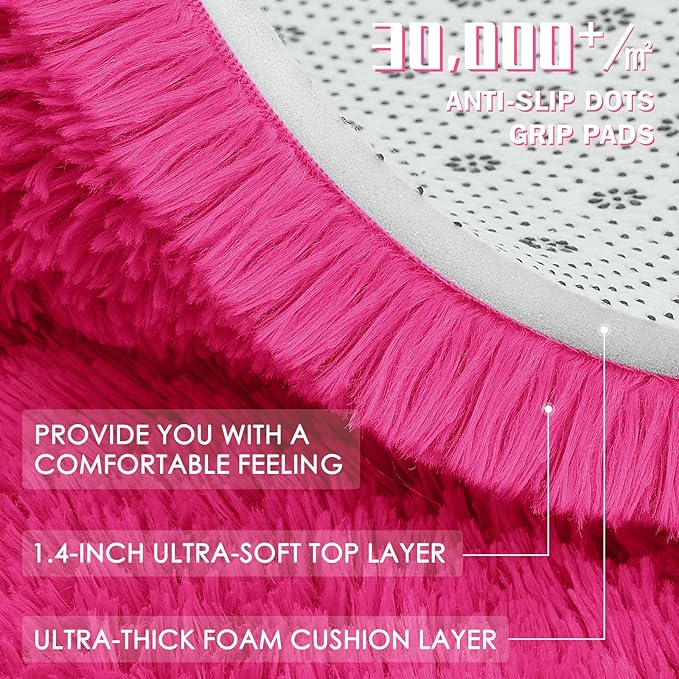 OLANLY Hot Pink Round Rugs for Bedroom - Machine Washable, 4 ft Circle Area Rugs for Living Room, Soft and Fluffy Shaggy Carpet for Teen Girls and Boys, Nursery Rooms, Dorms, Home Decor Aesthetic