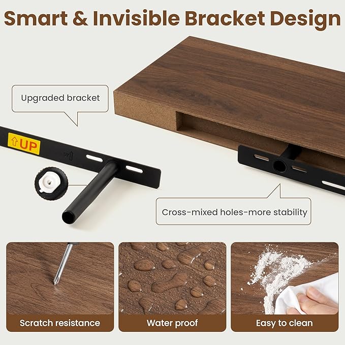 40 Inch Floating Shelves for Wall, 8 Inch Deep Floating Shelf for Storage & Display, Rustic Wall Mounted Shelf with Invisible Brackets for Living Room, Kitchen, Bathroom, Home Decor, Set of 2, Walnut