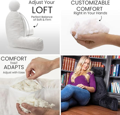 Husband Pillow Medium Black, Backrest for Kids, Teens, Petite Adults - Reading Pillows with Arms, Adjustable Loft, Plush Memory Foam, Bed Rest Chair for Sitting Up, Detach Neck Roll, Removable Cover