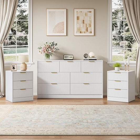 7 Drawer Dresser & Nightstand Set, 3-Piece White Fluted Dresser and Night Stand Set of 2 with Metal Handle, Modern Wood Chest of Drawers Storage Dressers Set for Bedroom, White