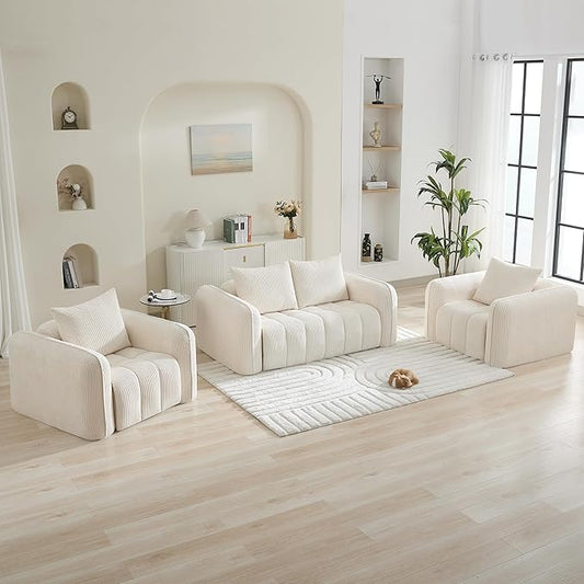 Corduroy Boneless Living Room Sets, Modern Upholstered Loveseat with 2 Signle Sofa Chairs, Comfy Deep Seat Cloud Sofa Couch Sets for Living Room, White