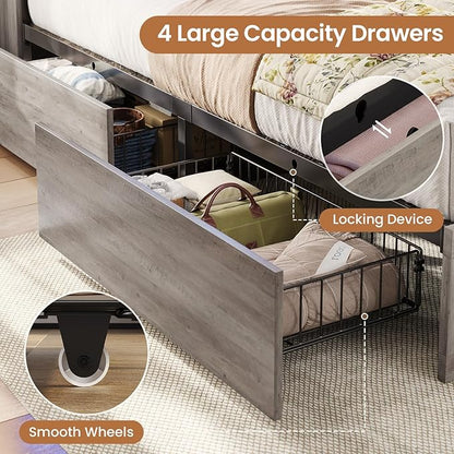 VIAGDO Farmhouse Bed Frame Queen Size with Bookcase Storage Headboard, Charging Station and LED Lights, Wooden Queen Bed Frame with 4 Drawers, Barn Door Design, No Box Spring Needed, No Noise, Grey
