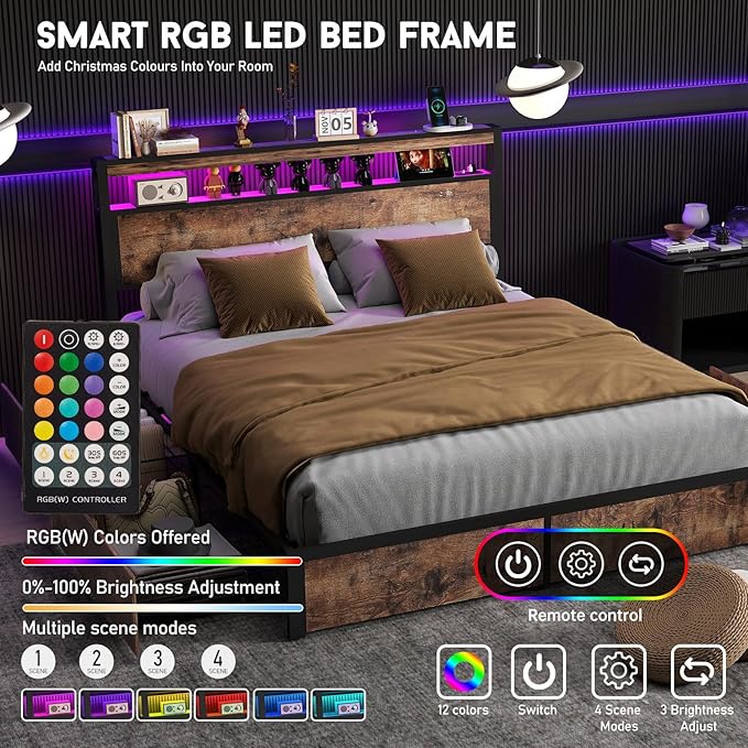 Queen Size Bed Frame with 4 Storage Drawers and Headboard with Charging Station and LED Lights,2 Tier Solid Wood Headboard Storage,Noise Free, No Box Spring Needed/Remote Control/Vintage Brown