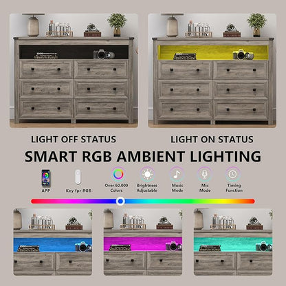 Dresser for Bedroom with 6 Drawers, Wide Chest of Drawers with LED Light and Power Outlet, Wooden Closet Organizer Clothes Storage Cabinet, Modern Double Dressers for Living Room, Hallway, Grey