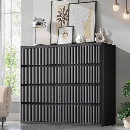Black Dresser for Bedroom, 8 Drawers Double Fluted Dressers, Modern Chest of Drawers with Curved Profile, Handleless, Storage Closet Dressers for Bedroom, Living Room, Entryways