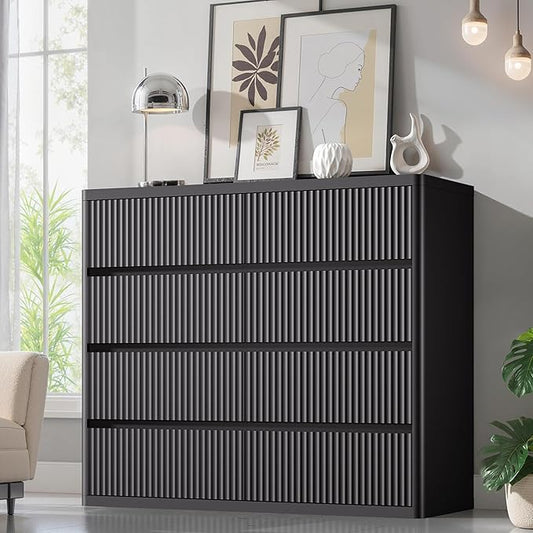 Black Dresser for Bedroom, 8 Drawers Double Fluted Dressers, Modern Chest of Drawers with Curved Profile, Handleless, Storage Closet Dressers for Bedroom, Living Room, Entryways