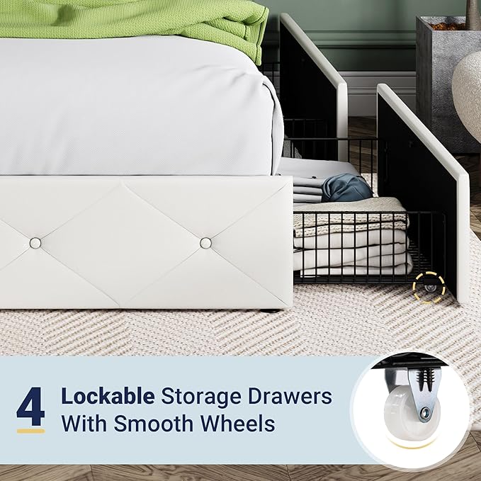 Allewie King Size Platform Bed Frame with 4 Storage Drawers and Headboard/Upholstered Diamond Stitched Button Tufted/Wooden Slats Support/Mattress Foundation/No Box Spring Needed/White