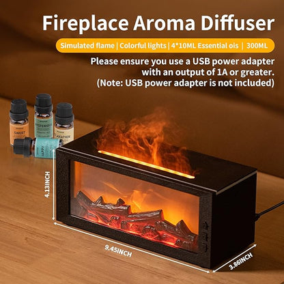 BOHOFAM Fireplace Essential Oil Aroma Diffuser,Flame Air Humidifiers 300ML,14-Hour Runtime,Colorful Flame Diffusers for Home,Included 4 * 10ML Hotel Collection Diffuser Oils for Bedroom(Black)