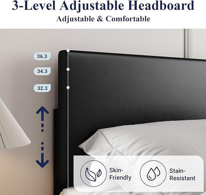 Allewie Full Size Bed Frame with Adjustable Headboard, Faux Leather Platform Bed with Wood Slats, Heavy Duty Mattress Foundation, No Box Spring Needed, Noise-Free, Easy Assembly, Black