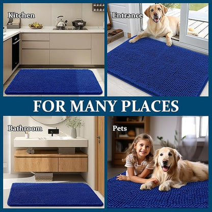 OLANLY Dog Door Mat for Muddy Paws 47x17, Absorbs Moisture and Dirt, Absorbent Non-Slip Washable Doormat, Quick Dry Chenille Mud Mat for Dogs, Entry Indoor Entryway Carpet for Inside Floor, Royal Blue