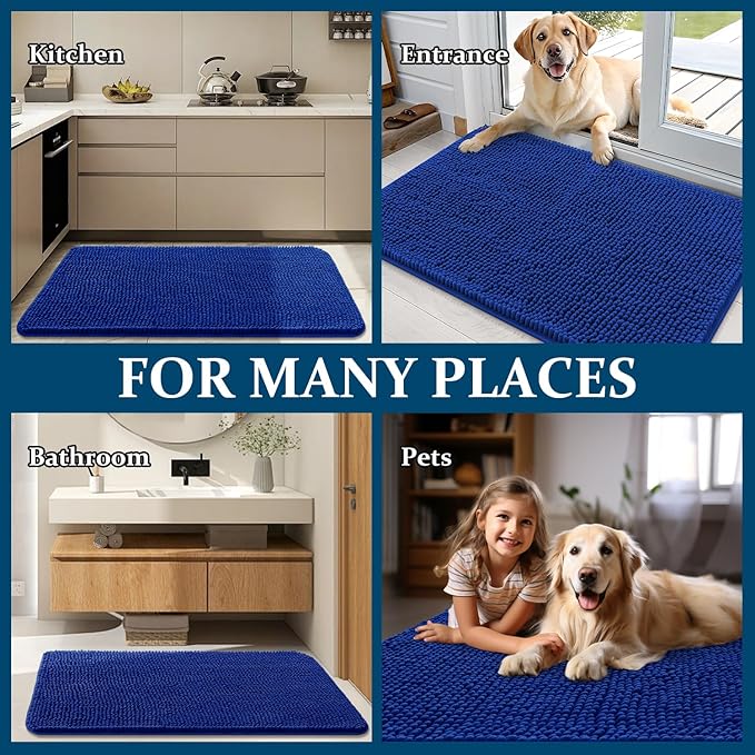 OLANLY Dog Door Mat for Muddy Paws 44x32, Absorbs Moisture and Dirt, Absorbent Non-Slip Washable Doormat, Quick Dry Chenille Mud Mat for Dogs, Entry Indoor Entryway Carpet for Inside Floor, Royal Blue