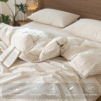 MooMee Striped Duvet Cover Set 100% Washed Cotton Linen Like Textured Breathable Durable Soft Comfy (Almond Milk Grey Classic Stripes, Super King 108"x98")
