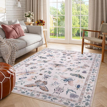 Lahome Insect Machine Washable Rugs 5x7, Non Slip Soft Pink Rugs for Bedroom Girls Living Room, Ultra-Thin Stain Resistant Accent Carpet for Dining Room Office Nursery(5'x7',Pink)