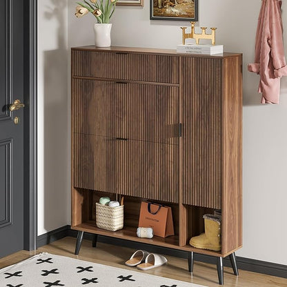 Shoe Storage Cabinet with 2 Flip Drawers, Narrow Shoe Cabinet for Entryway, Freestanding Slim Hidden Shoe Organizer Cabinet with Doors, Adjustable Shelf, Open Storage Space (Walnut)
