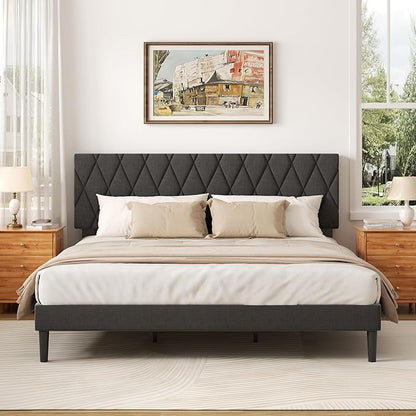 King Size Bed Frame with Diamond Tufted Headboard, Linen Upholstered Platform Bed and Wooden Slat Support, Noise-Free, No Box Spring Needed, Easy Assembly, Dark Grey