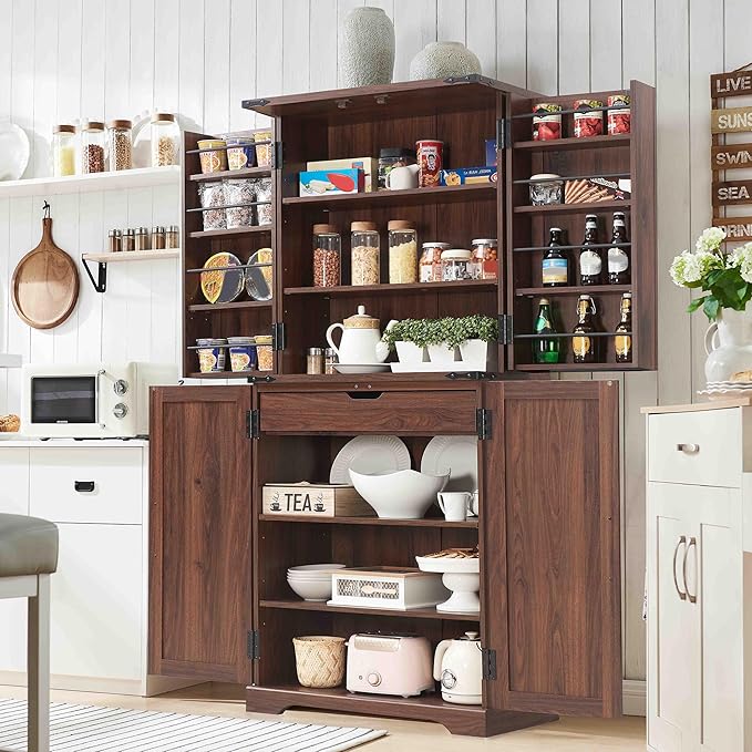 ACCOHOHO 72" Tall Kitchen Pantry, Farmhouse Storage Cabinet with Barn Doors, Organizer, Drawer and Adjustable Shelves, Rustic Wood Cupboard for Kitchen, Dining Room, Bathroom, Brown