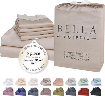 Bella Coterie 6 Piece Luxury Bamboo Viscose Queen Size Sheet Set | 100% Organically Grown | Cooling for Hot Sleepers | 18" Deep Pocket | Soft & Hypoallergenic | 4 Pillowcases [Dune]