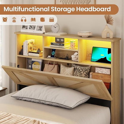 VIAGDO Rattan Bed Frame Twin Size with Bookcase Storage Headboard, Charging Station and LED Lights, Wooden Twin Bed Frames with 4 Drawers, Barn Door Design, No Box Spring Needed, No Noise, Natural