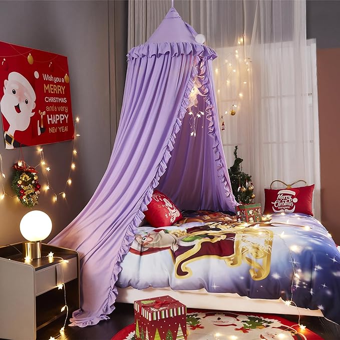 VETHIN Bed Canopy for Girls,Princess Round Dome Dreamy Mosquito Net Bedding Girls Room Castle Play Tent Hanging House Decor Reading Nook Canopies (Purple)