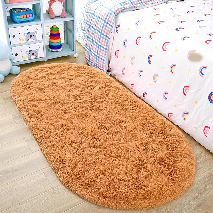 Noahas Fluffy Khaki Rugs for Bedroom Living Room,2.6'X5.3' Oval Throw Rug for Kids Room,Shag Hallway Runner Rug,Small Soft Shaggy Bedside Non-Slip Plush Nursery Dorm Carpet Home Decor Aesthetic