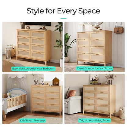 LINSY HOME Rattan Dresser for Bedroom with 8 Drawers, 54" Wide Chest of Drawers, Mid Century Modern Dresser TV Stand with Metal Handle, Wood Closet Storage Cabinet for Living Room, Hallway, Oak