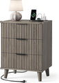 Lulive Wood 3 Drawers Fluted Night Stand with Charging Station, Storage Nightstand Modern End Table, Bedside Table for Bedroom, Living Room Dark Grey Oak