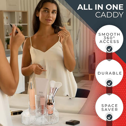 Masirs Small Rotating Makeup Organizer - Mini Yet Spacious Cosmetic Storage Solution with Multiple Compartments - The Perfect Spinning Make-Up Caddy for Vanity or Bathroom Counter (Square - Clear)