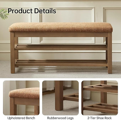 VKNOW Entryway Bench, 44.3” Upholstered Shoe Bench for Bedroom, 2-Tier Storage End of Bed Bench with Rubberwood Legs for Living Room, Hallway, Orange