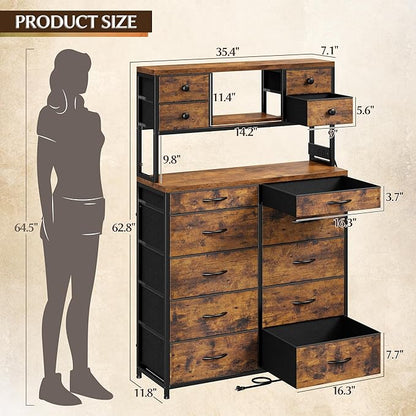 EnHomee 62.8" H Dresser for Bedroom with 14 Drawers,Fabric Dresser with Charging Station and LED Lights,Dressers & Chests of Drawers for Bedroom, Steel Frame & Wooden Top,Rustic Brown