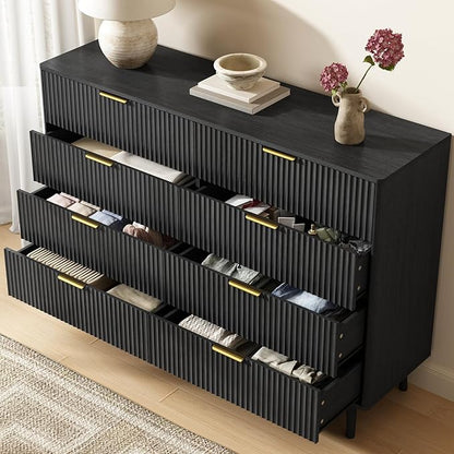 CARPETNAL Fluted 8 Drawer Dresser for Bedroom, 55" Wide Wooden Chest of Drawers with Rounded Corners, Gold Handles, Modern Storage Organizer for Bedroom, Hallway(Black)