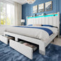 Allewie Velvet Vertical Tufted King Size Upholstered Platform Bed Frame with 2-Tier LED Storage Headboard & 2 Storage Drawers, USB & Type-C Charging Ports, Noise-Free/No Box Spring Needed, White