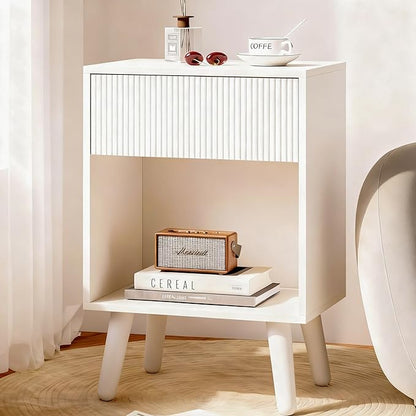 Fluted Nightstand, Modern Bedside Table with Storage Drawers and Open Wood Shelf, Night Stand with Solid Wood Legs, End Tables Side Tables for Living Room, Bedroom White