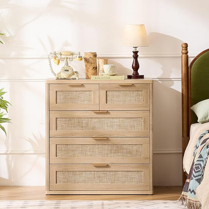 LEYAOYAO Rattan Dresser for Bedroom, 33.5" Tall Chest of Drawers, Modern 5 Drawers Boho Dressers with Storage, Light Oak Dresser Wooden Closet Organizer for Living Room, Hallway, Natural Wood