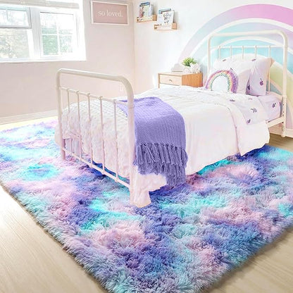 PAGISOFE Cute Kawaii Purple Rainbow Rug for Girls Bedroom, 5x8 Washable Area Rug, Soft Fluffy Shag Rug for Girls Room Baby Kids Playroom Nursery Classroom Plush Furry Mermaid Rug, Fuzzy Pastel Carpet