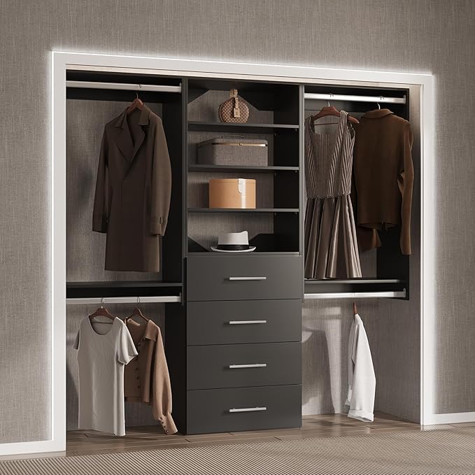 4 Drawer Short Tower Closet Unit, Modular Closet System, Wood Closet System Organizer with Storage for Walk In Closets, Clothing Rack Closet for Hanging Clothes, Bedroom, Black, 25.5"W