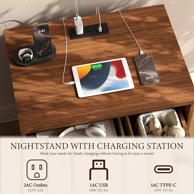 Yechen Nightstand with Drawers, Modern Arched Reeded Wood Nightstand with Charging Station, Wooden Night Stand with Storage,Bedside End Tables for Bedroom, Walnut