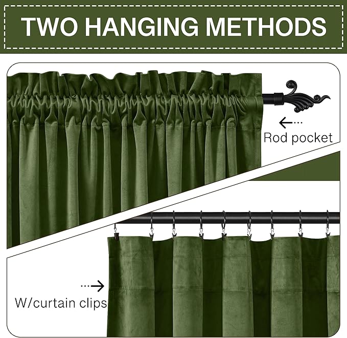 StangH Soft Velvet Bedroom Curtains 96 inches Long Moss Green Christmas Home Decoration Light Blocking Thermal Insulated Sliding Door Panels for Office, W62 x L96, 2 Panels