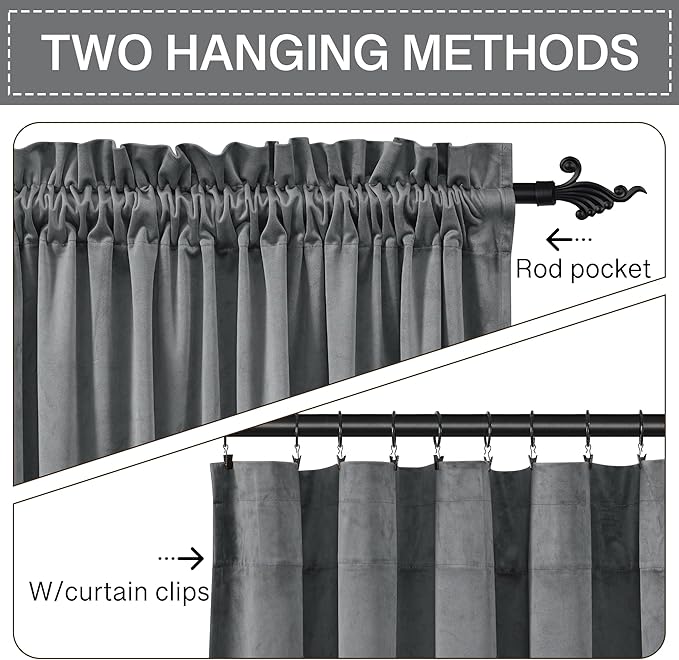 StangH Grey Curtains 108 inches Extra Long Light Blocking Door Curtains Soft Velvet Bedroom Window Curtain Panels for Villa/Hospital/Office, W52 x L108, 2 Panels