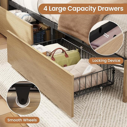 VIAGDO Rattan Bed Frame Queen Size with Bookcase Storage Headboard, Charging Station and LED Lights, Wooden Queen Bed Frame with 4 Drawers, Barn Door Design, No Box Spring Needed, No Noise, Natural