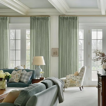 Pinch Pleated Green Linen Curtains 96 Inches Long for Living Room Bedroom Light Filtering Boho Window Drape 96 inch 2 Panels with Hooks Rings 8ft Sage Green Sliding Glass Door Semi Sheer Curtain
