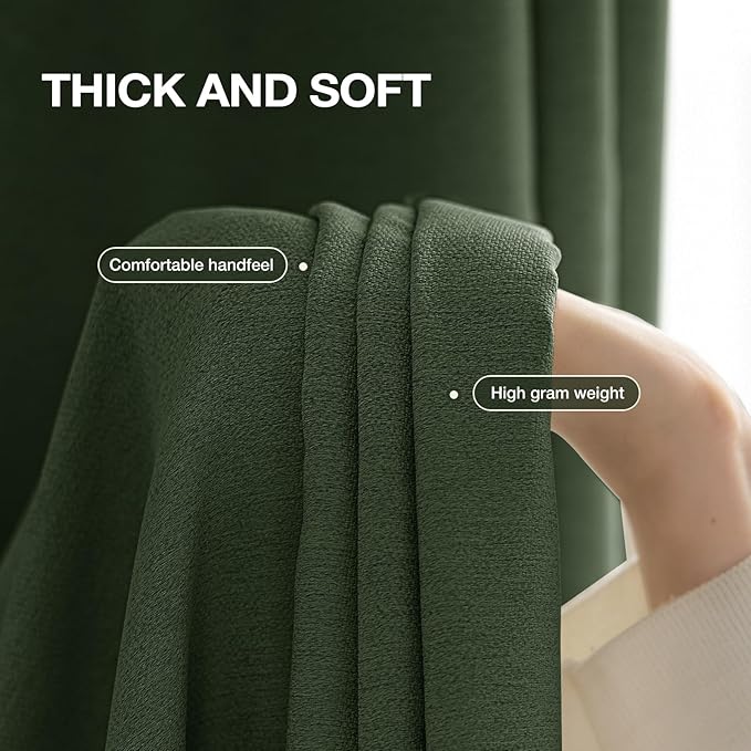 100% Blackout Curtains Thick Soft Curtain 2 Panels Green for Bedroom, Linen-Look Textured Full Light Blocking Room Darkening Thermal Insulated Drapes for Windows (W52xL45, Olive)