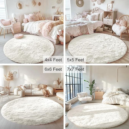 OLANLY Ivory Round Rugs for Bedroom - Machine Washable, 7 ft Circle Area Rugs for Living Room, Soft and Fluffy Shaggy Carpet for Teen Girls and Boys, Nursery Rooms, Dorms, Home Decor Aesthetic