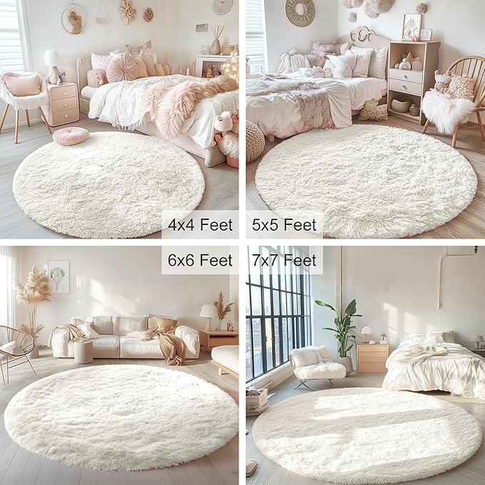 OLANLY Ivory Round Rugs for Bedroom - Machine Washable, 6 ft Circle Area Rugs for Living Room, Soft and Fluffy Shaggy Carpet for Teen Girls and Boys, Nursery Rooms, Dorms, Home Decor Aesthetic