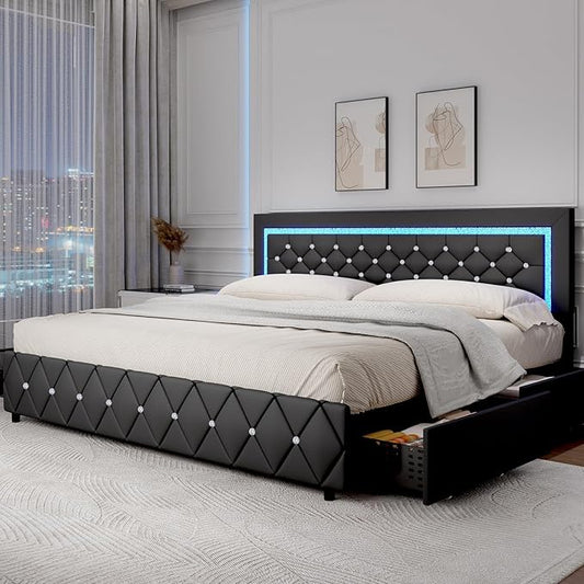BarnFurin King Size Bed Frame with LED Lights and Storage Drawers, Upholstered Platform Bed with Crystal Tufted Headboard, Wooden Slats Support, No Box Spring Needed, Easy Assembly, Black