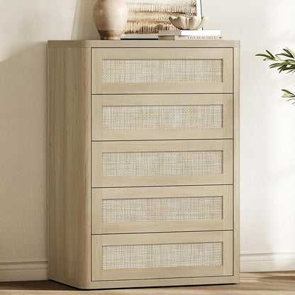 SICOTAS Tall Dresser for Bedroom - Rattan 5 Drawer Dressers Chest of Drawers with Push-to-Open Design, Boho Extra Deep Clothes Dresser with Large Storage for Closet, Living Room, Sand Oak