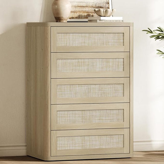 SICOTAS Tall Dresser for Bedroom - Rattan 5 Drawer Dressers Chest of Drawers with Push-to-Open Design, Boho Extra Deep Clothes Dresser with Large Storage for Closet, Living Room, Sand Oak
