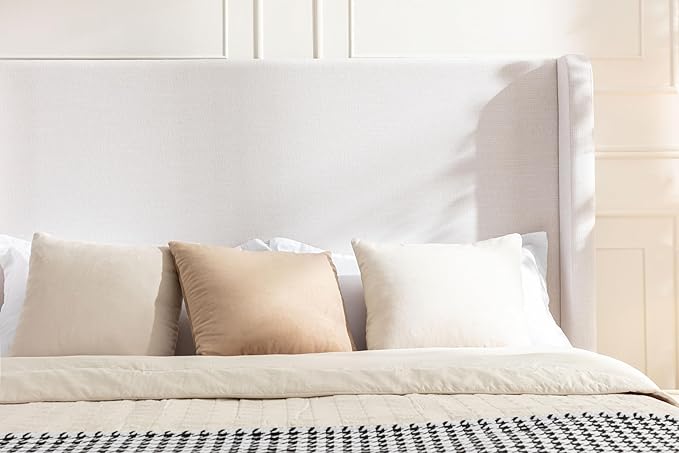 Queen Size Upholstered Platform Bed with 54" Tall Wingback Headboard/Elegant Upholstered Bed Frame Without Wooden Slats/Box Spring Required/Easy Assembly/Textured Ivory Canvas