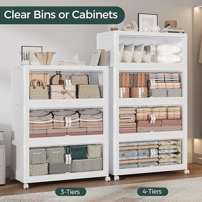 225Gal Stackable Storage Bins with Lid, 900Qt Extra Large Collapsible Storage Box with Doors and Wheels, Plastic Closet Organizer and Storage Cabinet Drawer for Home Kitchen, 5Pack White